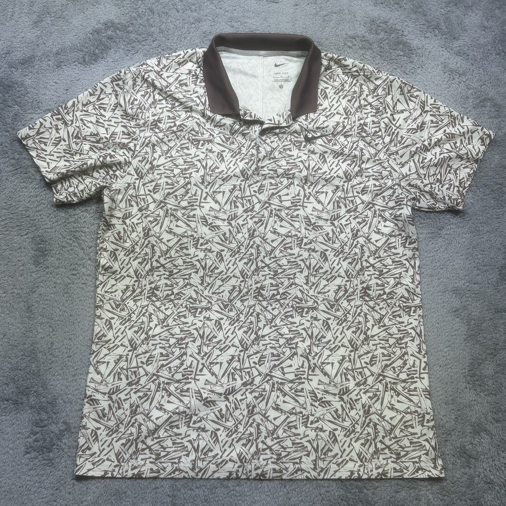 Nike Polo Shirt Mens L Beige Golf Dri Fit Victory All Over Print Performance EUC
